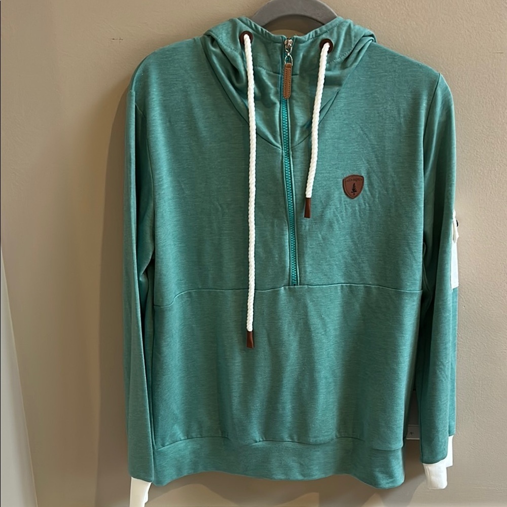 NWT Wanakome Women's Teal Half-Zip Lightweight Hoodie with rope Drawstring LARGE
